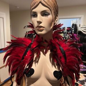 Lady Gaga inspired Elegant Red Feathered High Neck Shoulder Accessory